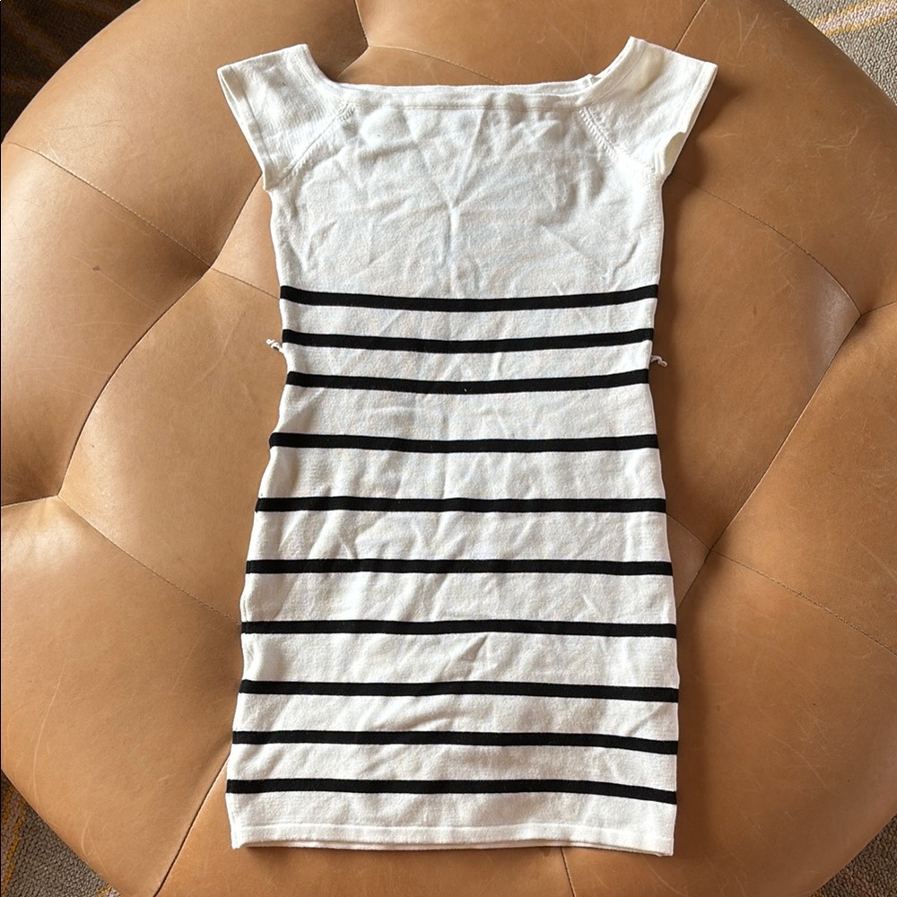 Bebe Black and White Bodycon Mini Dress with Cap Sleeves